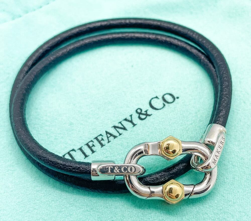 Tiffany & Co 1837 Makers Sterling and 18K Gold Leather Cord Wrap Bracelet 7.25"